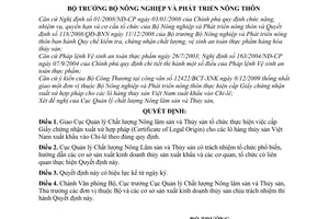 Quyết định 41/QĐ-BNN-QLCL giao nhiệm vụ cấp giấy chứng nhận xuất xứ hợp pháp cho lô hàng thủy sản xuất khẩu vào Chi-lê