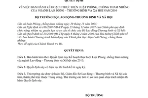 Quyết định 24/QĐ-LĐTBXH Kế hoạch thực hiện Luật Phòng, chống tham nhũng ngành Lao động – Thương binh Xã hội năm 2010