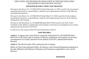 Decision No. 179/QD-BGDDT approval of the action plan for enactment of Resolutio