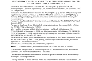 Circular No. 07/2010/TT-BTC of January 14, 2010, amending and supplementing the Finance Ministry's Circular No. 45/2008/TT-BTC of June 5, 2008, guiding financial regulations and customs procedures applicable to Cau Treo international border-gate economic zone, Ha Tinh province