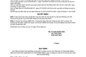 Quyết định 01/2010/QĐ-UBND ghi tên họ dân tộc M’Nông