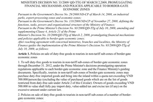 Circular No. 08/2010/TT-BTC of January 14, 2010, guiding the Prime Minister's Decision No. 93/2009/QD-TTg of july 10, 2009, amending and supplementing Clause 4, Article 21 of the Prime Minister's Decision No. 33/2009/ QD-TTg of March 2,2009, promulgating financial mechanisms and policies applicable to border-gate economic zones