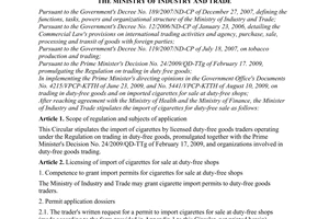 Circular No. 02/2010/TT-BCT of January 14, 2010, stipulating the import of cigarettes for duty-free sale