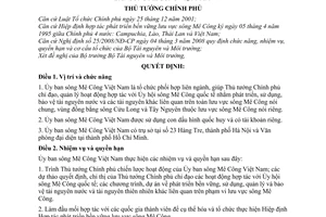 Quyết định 114/QĐ-TTg  chức năng, nhiệm vụ, quyền hạn cơ cấu tổ chức Ủy ban sông Mê Công Việt Nam