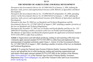 Circular No. 03/2010/TT-BNNPTNT of January 15, 2010, guiding the application of national standard TCVN 4193:2005 to coffee bean