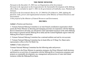 Decision No. 114/QD-TTg of January 15, 2010, defining the functions, tasks, powers and organizational structure of Vietnam National Mekong Committee