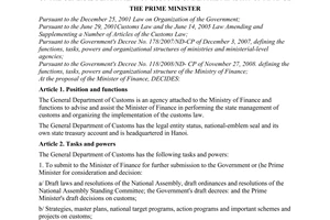 Decision No. 02/2010/QD-TTg of January 15, 2010, defining the functions, tasks, powers and organizational structure of the General Department of Customs under the Ministry of Finance