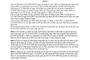 Thông tư 03/2010/TT-BNNPTNT hướng dẫn áp dụng Tiêu chuẩn Quốc gia TCVN 4193:2005  cà phê nhân