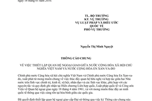 Thông cáo chung 02/2010/SL-LPQT thiết lập quan hệ ngoại giao giữa Việt Nam