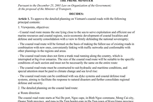 Decision No. 129/QD-TTg of January 18, 2010, approving the detailed planning on Vietnam's coastal roads