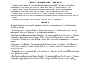 Decision No. 74/QD-NHNN, on the adjustment of required reserve ratio in foreign currency of credit institutionsa