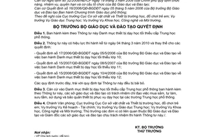 Thông tư 01/2010/TT-BGDĐT danh mục thiết bị dạy học tối thiểu cấp trung học phổ thông