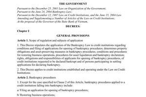Decree No. 05/2010/ND-CP, stipulating the application of the Bankruptcy Law to credit institutions