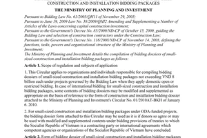 Circular No. 02/2010/TT-BKH of January 19, 2010, detailing the compilation of bidding dossiers of small-sized construction and installation bidding packages