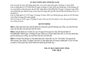 Quyết định 04/2010/QĐ-UBND đơn giá bồi thường cây trồng, vật nuôi khi nhà nước thu hồi đất