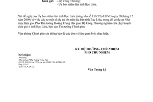 Công văn 290/VPCP-KTN Quy hoạch điện gió tại tỉnh Bạc Liêu