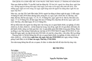 Thông báo 410/TB-BLĐTBXH nghỉ làm việc ngày thứ sáu 19/02/2010 tức ngày 06 tháng giêng âm lịch