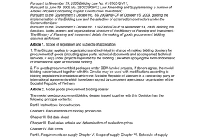 Circular No. 05/2010/TT-BKH, detailing the making of goods procurement bidding dossiers the Ministry of Planning and Investment