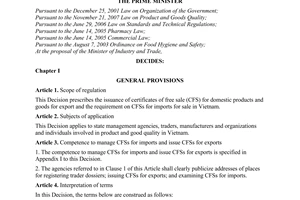 Decision No. 10/2010/QD-TTg, on certificates of free sale for exports and imports