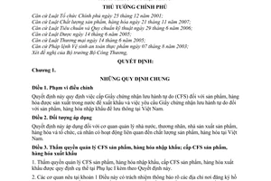 Quyết định 10/2010/QĐ-TTg giấy chứng nhận lưu hành tự do sản phẩm, hàng hóa xuất khẩu nhập khẩu