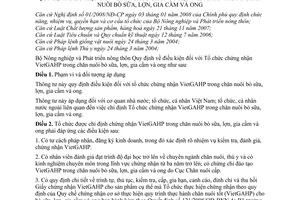 Thông tư 08/2010/TT-BNNPTNT điều kiện tổ chức chứng nhận VietGAHP trong chăn nuôi bò sữa, lợn, gia cầm ong