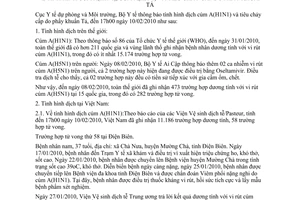 Thông báo 238/TB-DPMT tình hình dịch cúm AH1N1, AH5N1 tiêu chảy cấp do phẩy khuẩn Tả