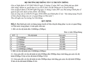 Thông tư 06/2010/TT-BTTTT giá cước sử dụng mạng truyền số liệu chuyên dùng phục vụ các cơ quan Đảng Nhà nước