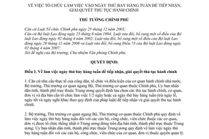 Quyết định 14/2010/QĐ-TTg tổ chức làm việc vào ngày thứ bảy hàng tuần tiếp nhận, giải quyết thủ tục hành chính