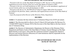 Decision No. 353/QD-NHNN of February 25, 2010, on the base interest rate in Vietnamese dong