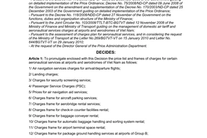 Decision No. 426/QD-BTC on charges, charges frames for certain aeronautical