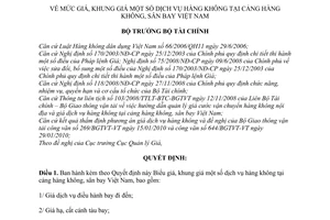 Quyết định 426/QĐ-BTC mức, khung giá dịch vụ hàng không tại cảng