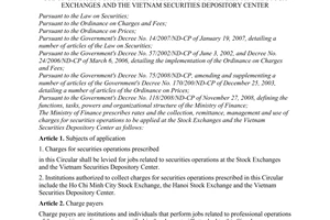 Circular No. 27/2010/TT-BTC of February 26, 2010, prescribing rates and the collection, remittance, management and use of charges for securities operations to be applied at the Stock exchanges and the Vietnam Securities Depository Center