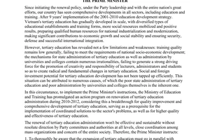 Directive No. 296/CT-TTg of February 27, 2010, on renewal of tertiary education administration during 2010-2012
