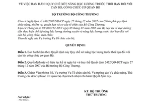 Quyết định 1040/QĐ-BCT Quy chế xét nâng bậc lương trước thời hạn cán bộ, công chức cơ quan Bộ