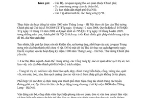 Công văn 292/TTg-KGVX thực hiện chỉnh trang đô thị phục vụ kỷ niệm 1000 năm Thăng Long – Hà Nội