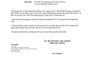 Công văn 1030/VPCP-KTN nghiên cứu bổ sung một số dự án lớn tại tỉnh Bạc Liêu