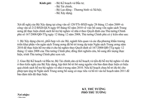 Công văn 317/TTg-KGVX bố trí vốn bảo đảm thực hiện chính sách hỗ trợ hộ nghèo nhà ở