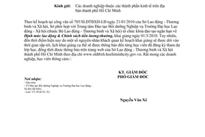 Công văn 1960/SLĐTBXH-LĐ thay đổi thời gian khai giảng khóa đào tạo nghiệp vụ định mức lao động chính sách tiền lương, tiền thưởng