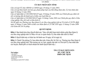 Quyết định 05/2010/QĐ-UBND Quy chế phối hợp trách nhiệm giữa Ban Quản lý các khu công nghiệp tỉnh Cà Mau