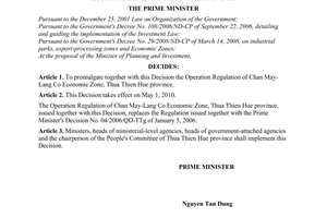 Decision No. 29/2010/QD-TTg of March, 03, 2010, promulgating the operation regulation of Chan May-Lang co economic zone, Thua Thien Hue province