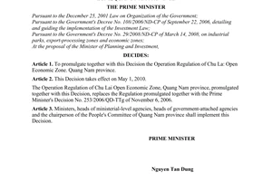Decision No. 24/2010/QD-TTg of March 03, 2010, promulgating the operation regulation of Chu Lai Open Economic Zone, Quang Nam province