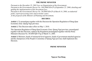 Decision No. 25/2010/QD-TTg of March 03, 2010, promulgating the operation regulation of Dung Quat Economic Zone, Quang Ngai province
