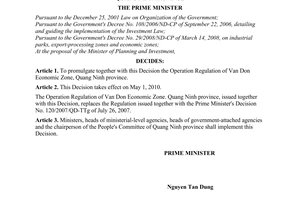 Decision No. 26/2010/QD-TTg of March 03 2010, promulgating the operation regulation of Van Don Economic Zone, Quang Ninh province