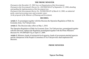 Decision No. 27/2010/QD-TTg of March 03, 2010, promulgating the operation regulation of Dinh An Economic Zone, Tra Vinh province