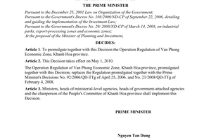 Decision No. 18/2010/QD-TTg of March 03, 2010, promulgating the operation regulation of Van Phong Economic Zone, Khanh Hoa province