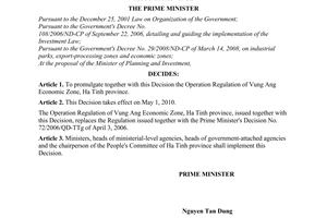 Decision No. 19/2010/QD-TTg of March 03, 2010, promulgating the operation regulation of Vung Ang economic zone, Ha Tinh province