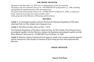 Decision No. 20/2010/QD-TTg of March 03, 2010, promulgating the operation regulation of Phu Quoc island and Nam An Thoi islands, Kien Giang province