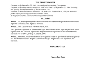 Decision No. 21/2010/QD-TTg of March 03, 2010, promulgating the operation regulation of southeastern Nghe An Economic Zone, Nghe An province