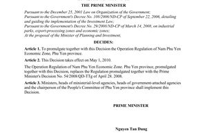 Decision No. 22/2010/QD-TTg of March 03, 2010, promulgating the operation regulation of Nam Phu Yen Economic Zone, Phu Yen province