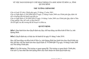 Quyết định 23/2010/QĐ-TTg  Quy chế hoạt động Khu kinh tế Hòn La, tỉnh Quảng Bình